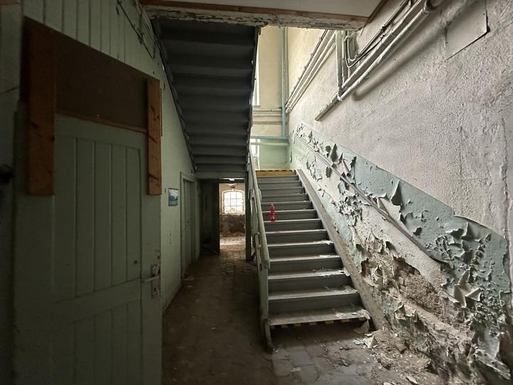 Back stair with peeling paint and a boarded doorway