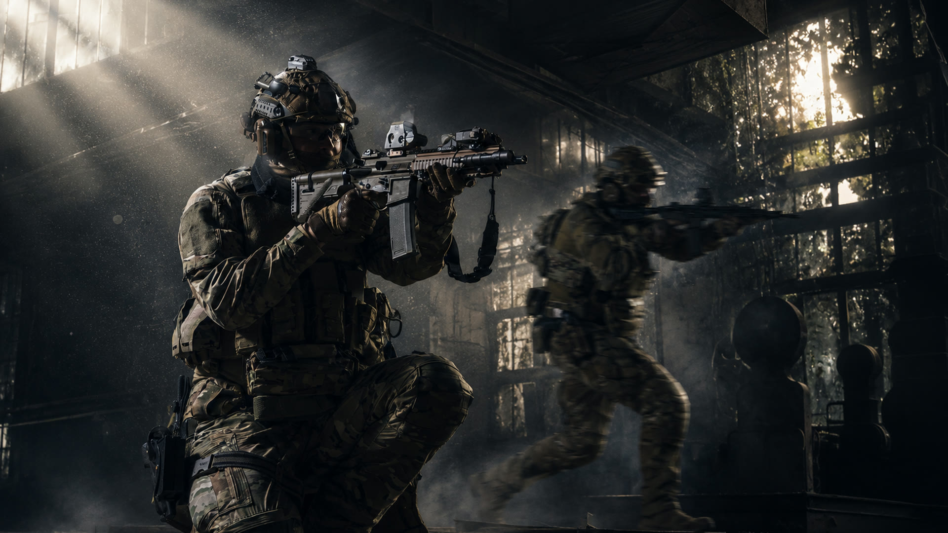 Mission Iron Corridor — zwei Operatoren sichern eine Industriehalle in Lichtstrahlen