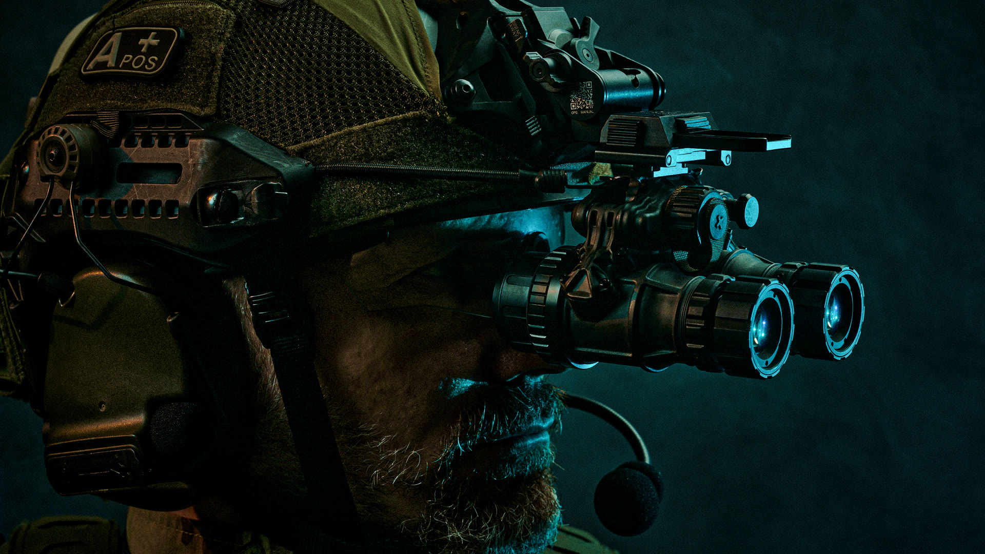 Mission Zero Lux — Nachtsichtbrille am Helm eines Operators in blauem Licht