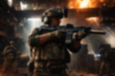 Team advancing through a burning warehouse