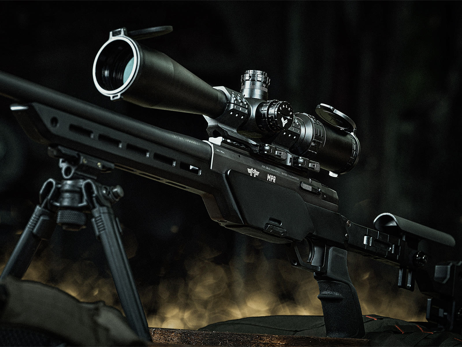 FALKE riflescope on a Messerschmitt MPR precision rifle in low-key light