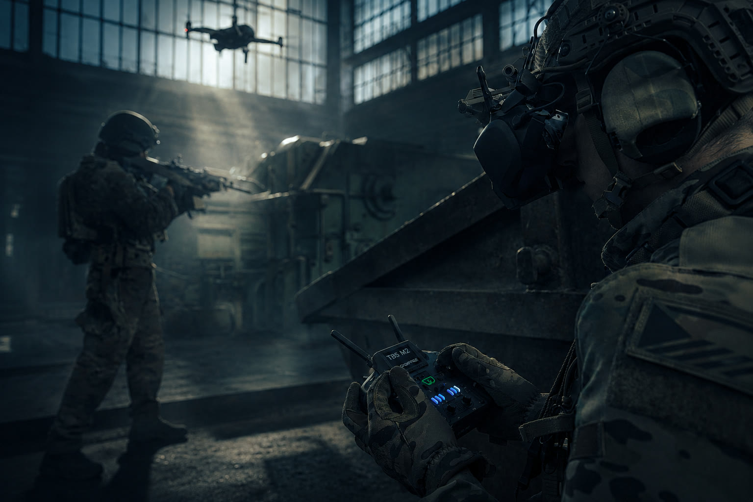 Operator with a drone controller in a hall