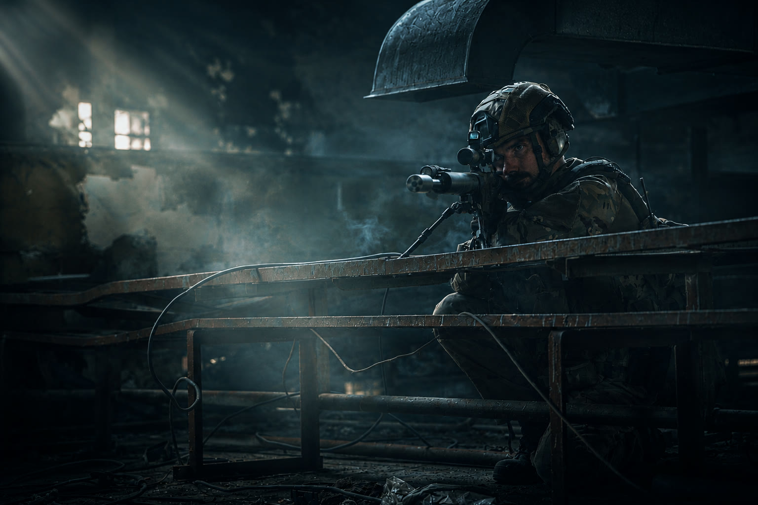 Operator with night-vision goggles aiming over a railing